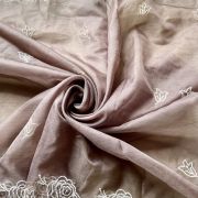 Brown Pure Organza Tissue Fabric With White Thread Embroidery On Both Sides