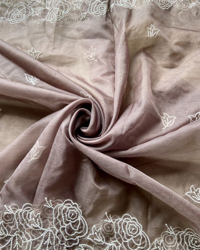 Brown Pure Organza Tissue Fabric With White Thread Embroidery On Both Sides