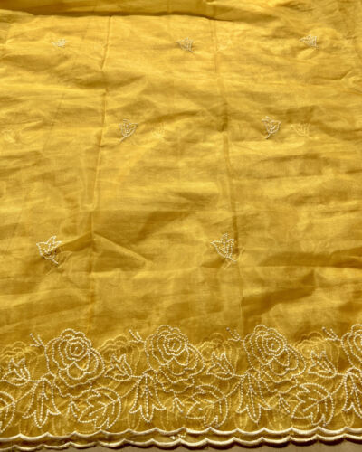 Yellow Pure Organza Tissue Fabric With White Thread Embroidery On Both Sides
