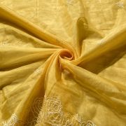 Yellow Pure Organza Tissue Fabric With White Thread Embroidery On Both Sides