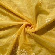 Yellow Pure Organza Tissue Fabric With White Thread Embroidery On Both Sides