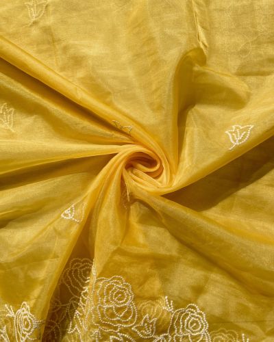 Yellow Pure Organza Tissue Fabric With White Thread Embroidery On Both Sides