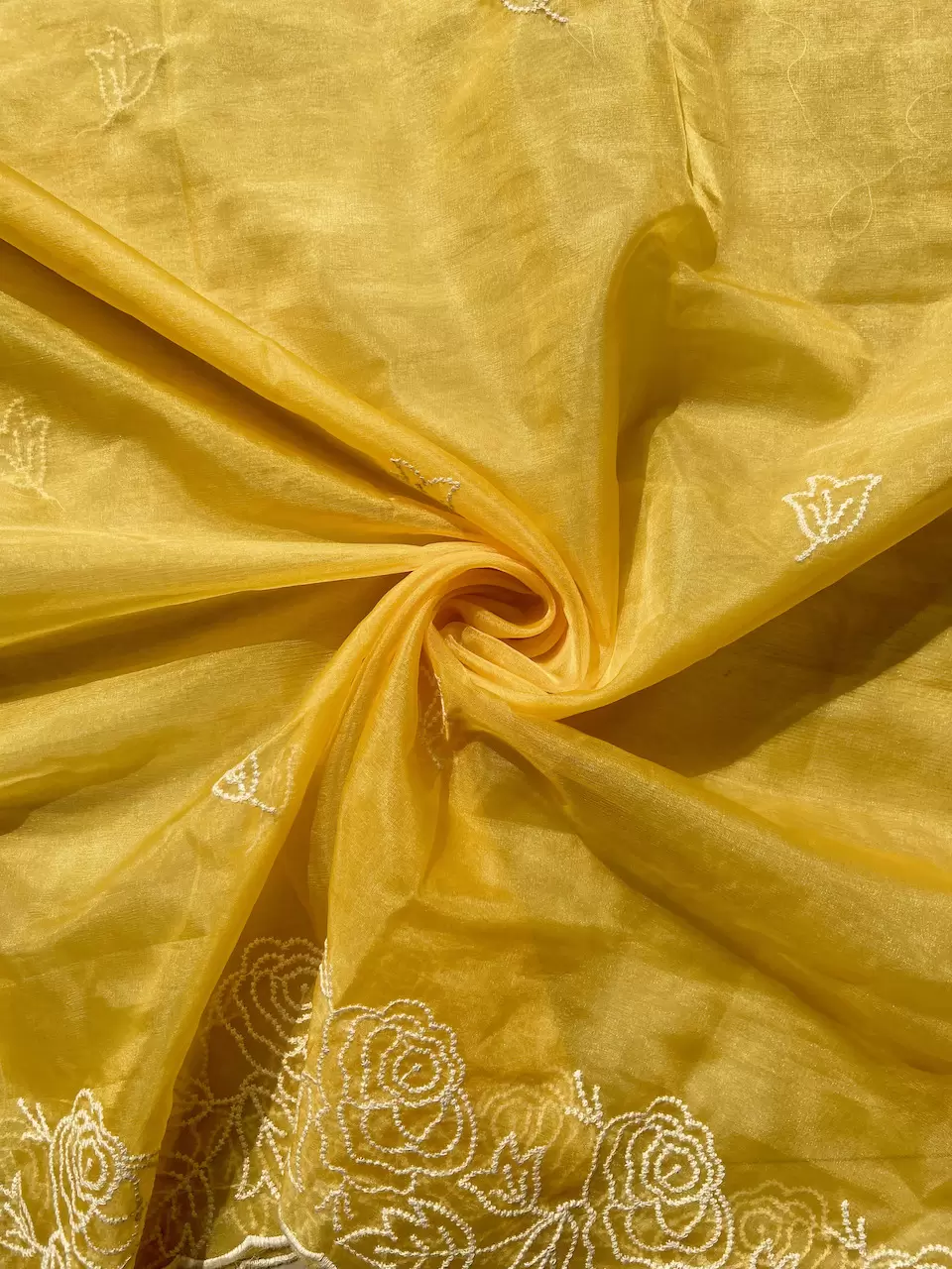 Yellow Pure Organza Tissue Fabric With White Thread Embroidery On Both Sides