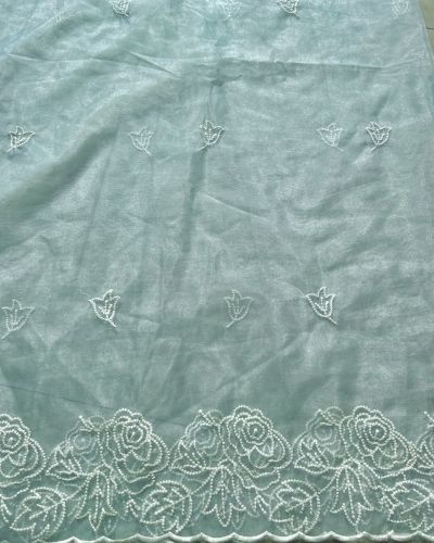 Sky Blue Pure Organza Tissue Fabric With White Thread Embroidery On Both Sides