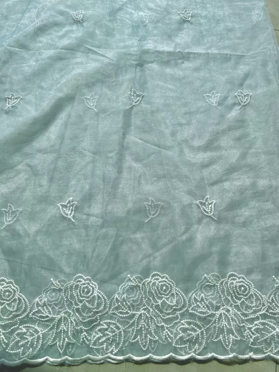 Sky Blue Pure Organza Tissue Fabric With White Thread Embroidery On Both Sides