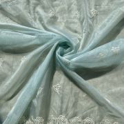 Sky Blue Pure Organza Tissue Fabric With White Thread Embroidery On Both Sides