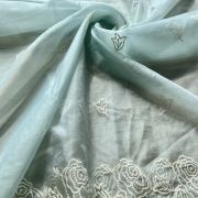 Sky Blue Pure Organza Tissue Fabric With White Thread Embroidery On Both Sides