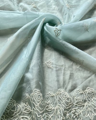 Sky Blue Pure Organza Tissue Fabric With White Thread Embroidery On Both Sides