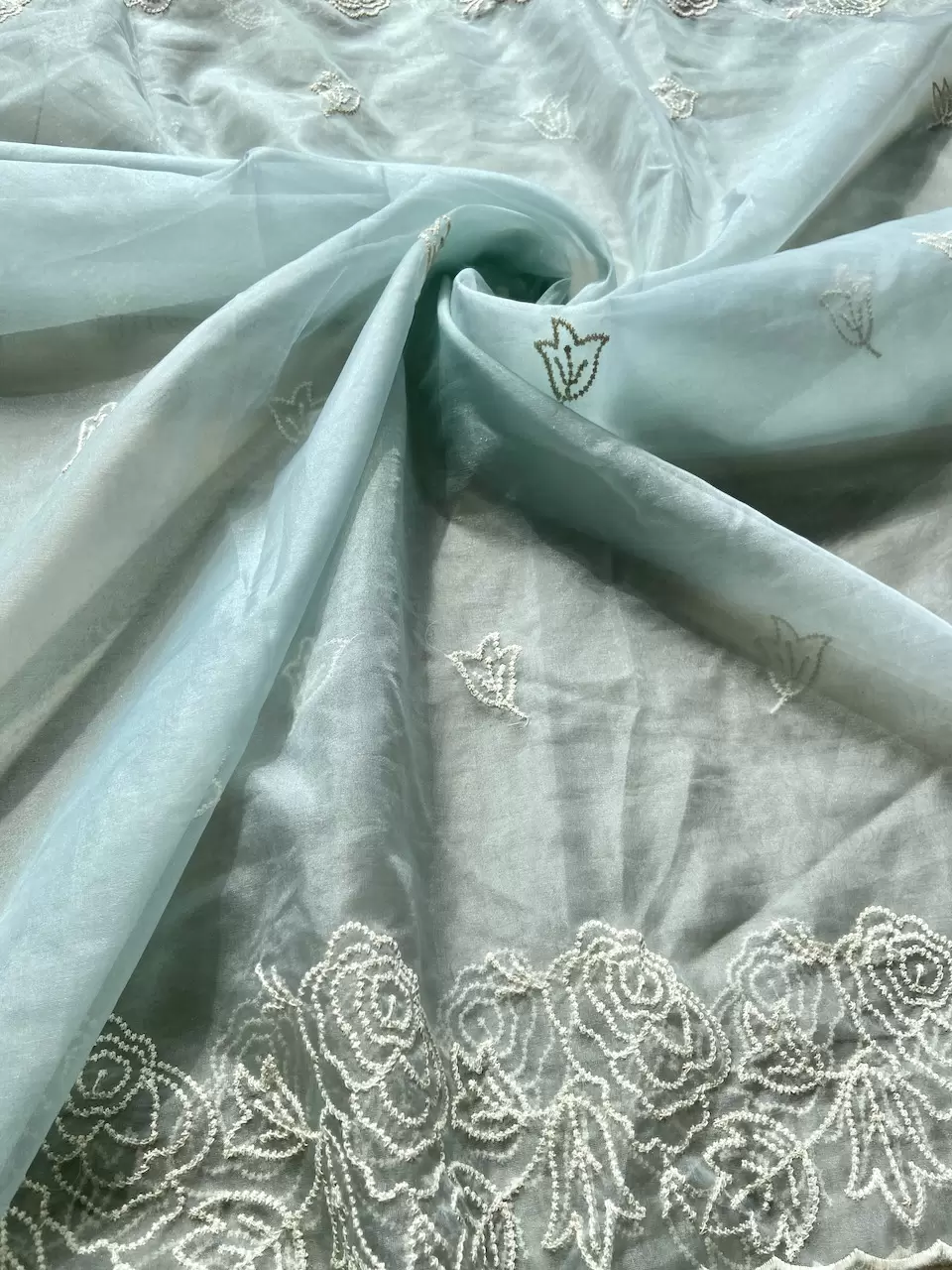 Sky Blue Pure Organza Tissue Fabric With White Thread Embroidery On Both Sides