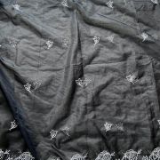 Black Pure Organza Tissue Fabric With White Thread Embroidery On Both Sides