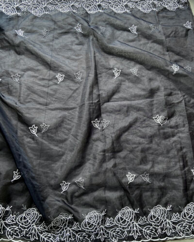Black Pure Organza Tissue Fabric With White Thread Embroidery On Both Sides