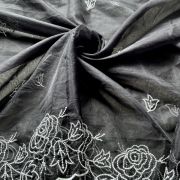 Black Pure Organza Tissue Fabric With White Thread Embroidery On Both Sides