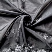 Black Pure Organza Tissue Fabric With White Thread Embroidery On Both Sides