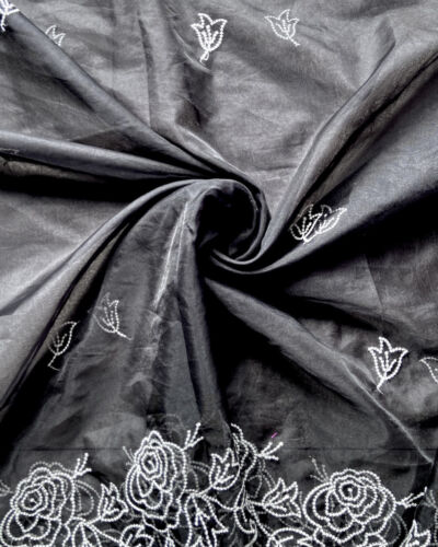 Black Pure Organza Tissue Fabric With White Thread Embroidery On Both Sides