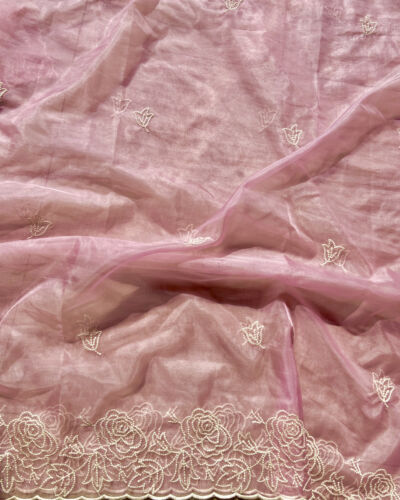 Blush Pink Pure Organza Tissue Fabric With White Thread Embroidery On Both Sides