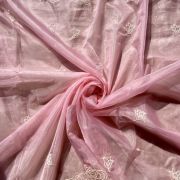 Blush Pink Pure Organza Tissue Fabric With White Thread Embroidery On Both Sides