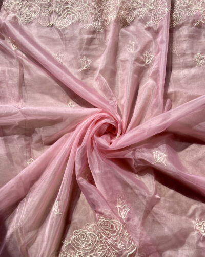 Blush Pink Pure Organza Tissue Fabric With White Thread Embroidery On Both Sides