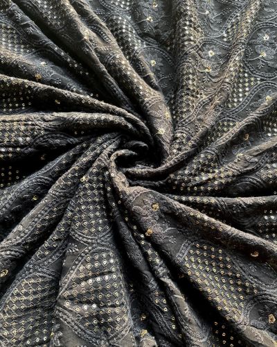 Black Tone On Tone Chikankari Fabric With Gold Sequin Touch On Black Georgette Fabric