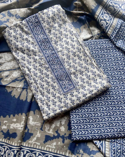 Indigo Buti Print Cotton Suit Set With Printed Cotton Dupatta
