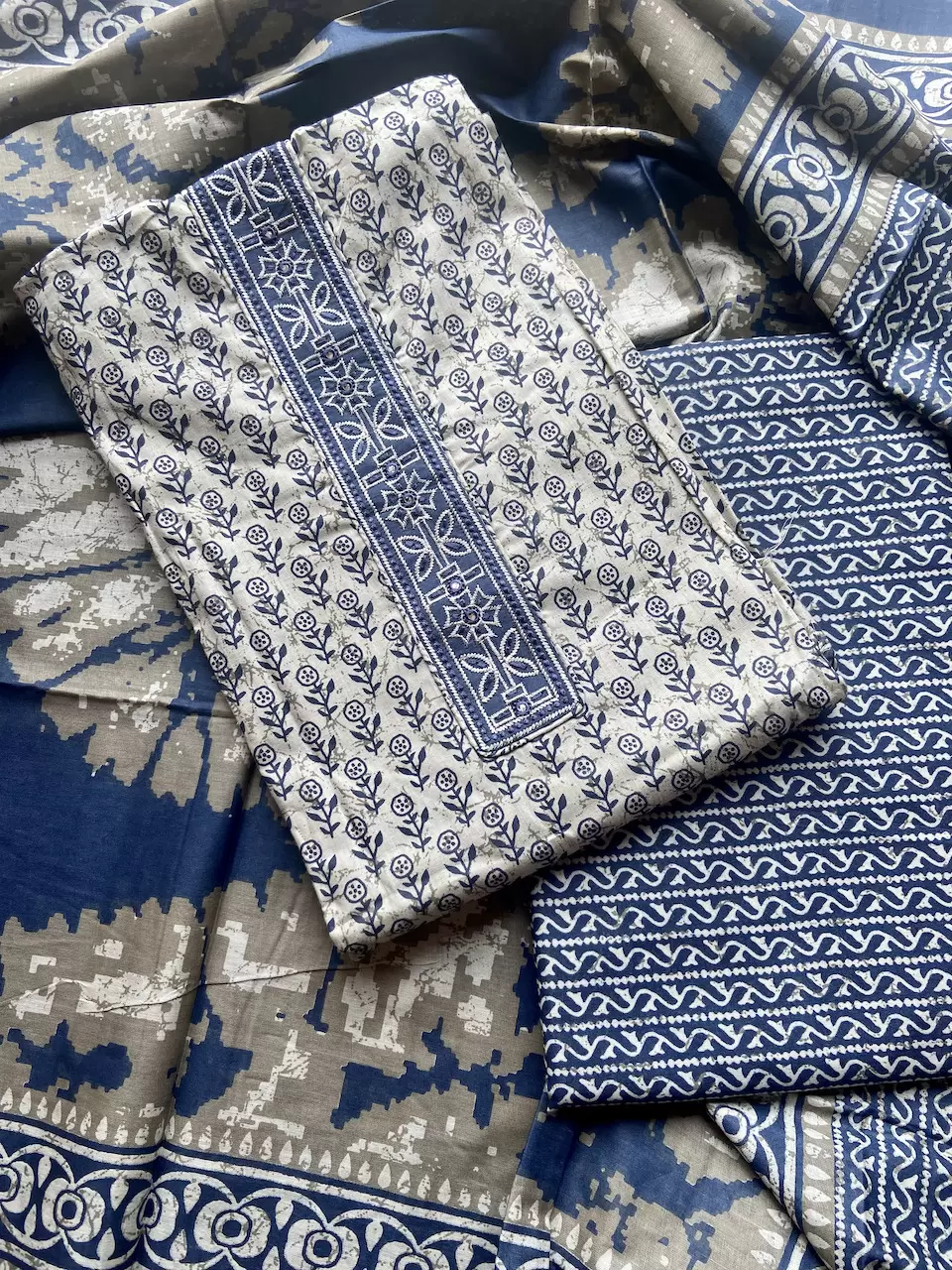 Indigo Buti Print Cotton Suit Set With Printed Cotton Dupatta