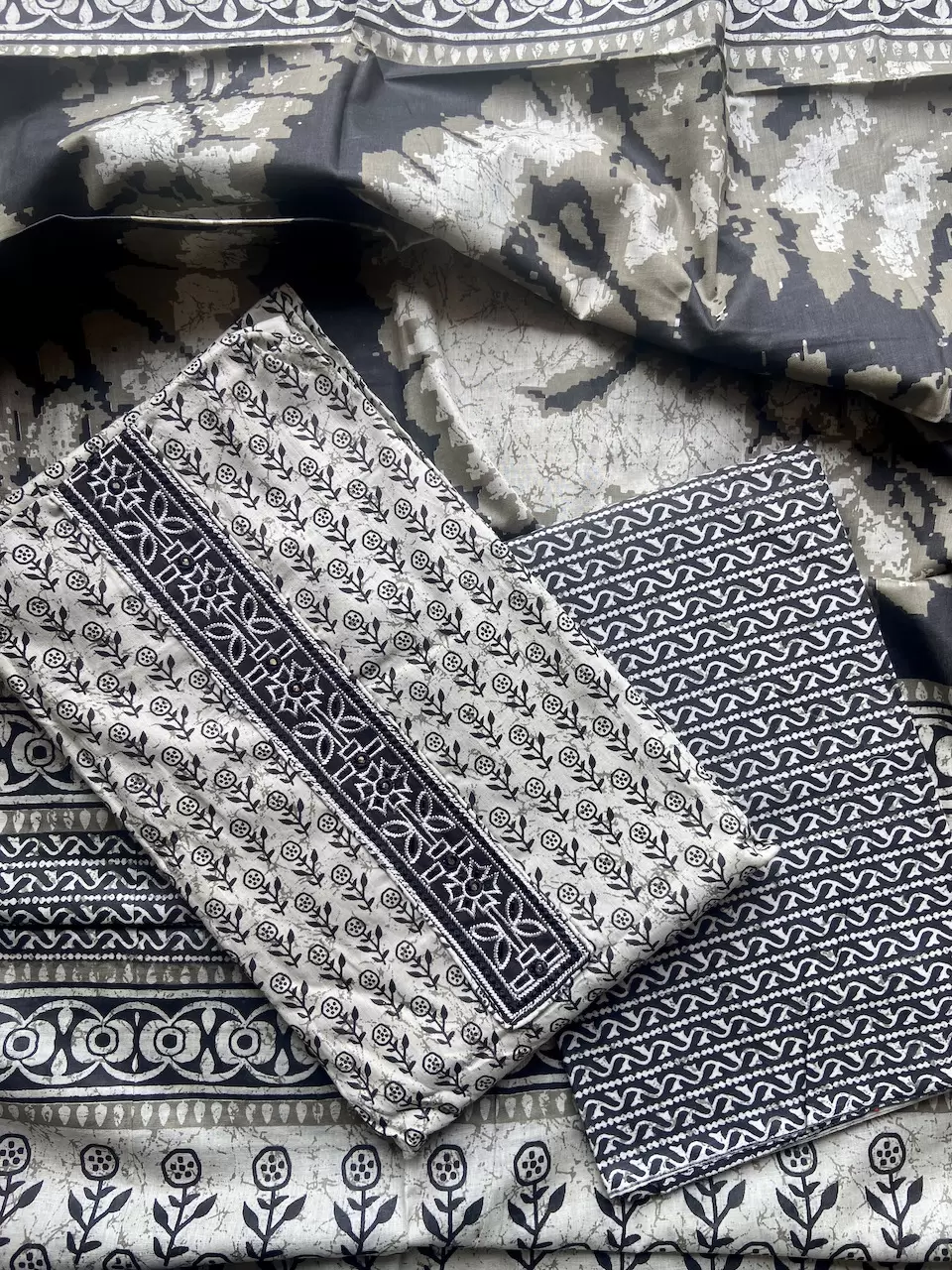 Black Buti Print Cotton Suit Set With Printed Cotton Dupatta