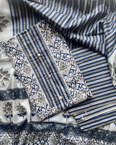 Indigo Abstract Print Cotton Suit Set With Printed Cotton Dupatta