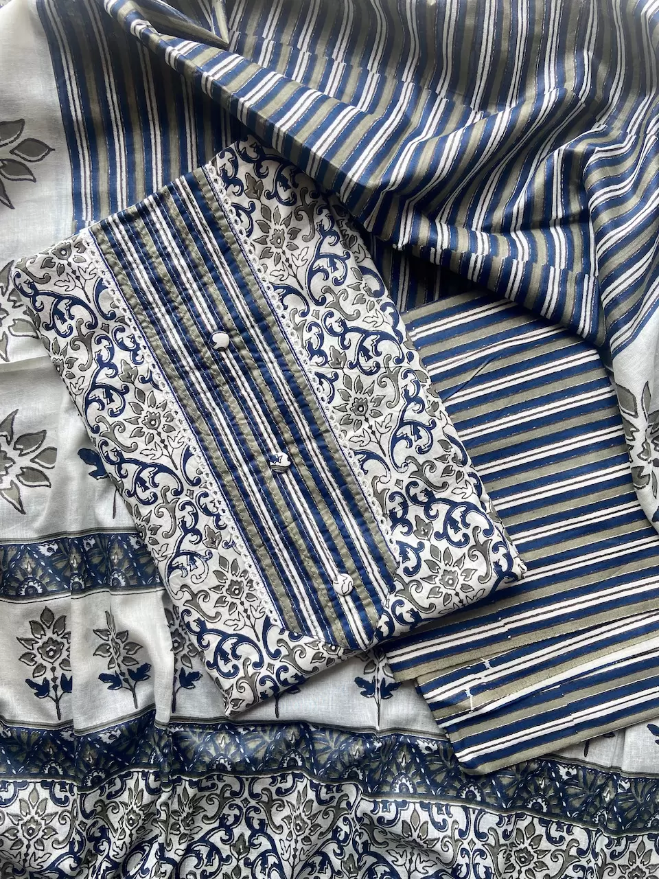 Indigo Abstract Print Cotton Suit Set With Printed Cotton Dupatta