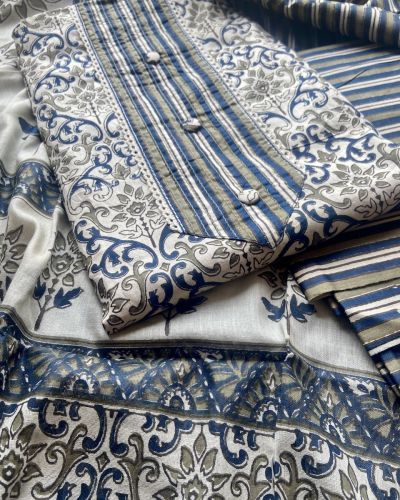 Indigo Abstract Print Cotton Suit Set With Printed Cotton Dupatta