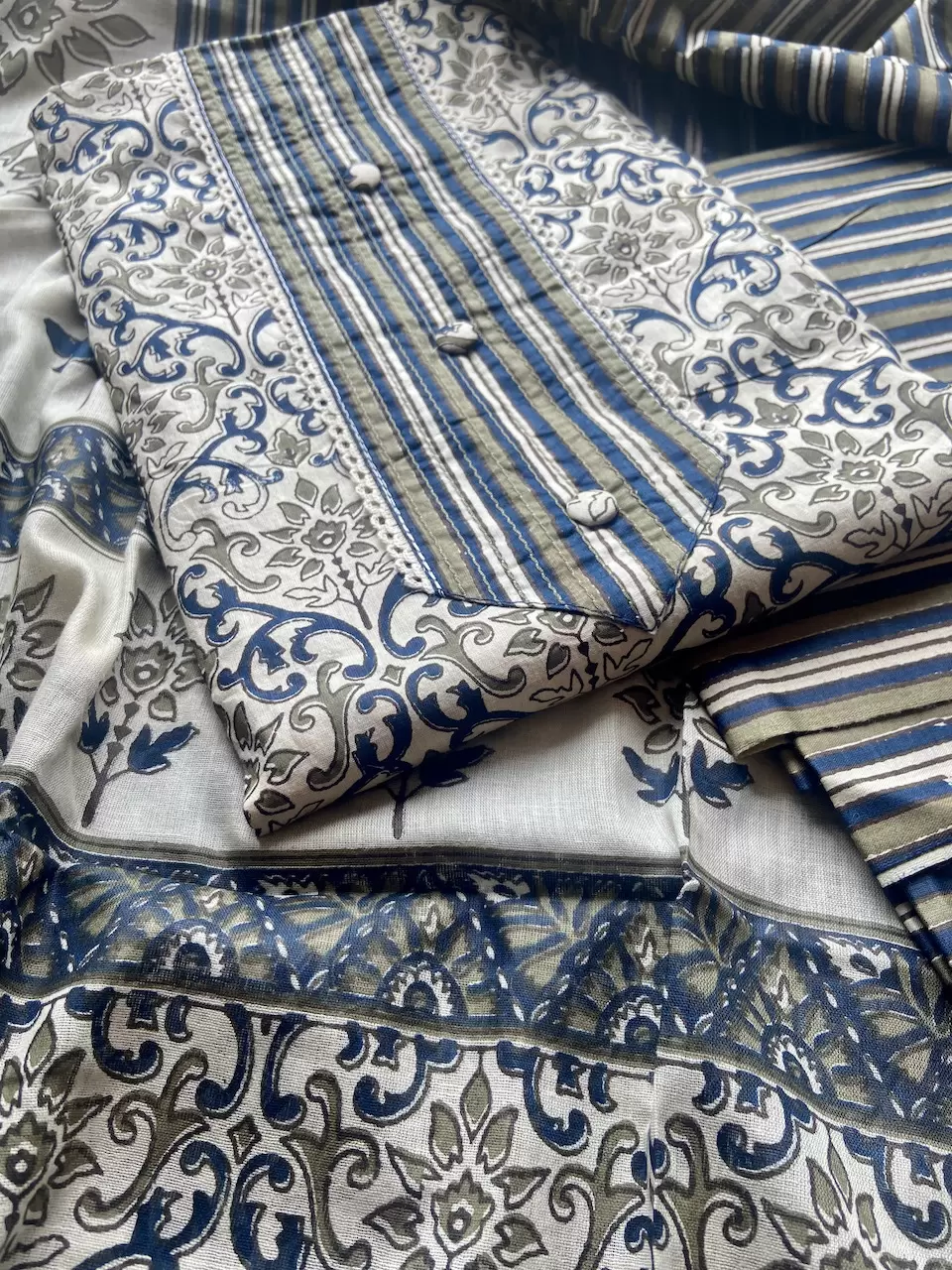 Indigo Abstract Print Cotton Suit Set With Printed Cotton Dupatta