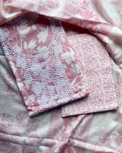 Blush Pink Floral Print Cotton Suit Set With Printed Cotton Dupatta