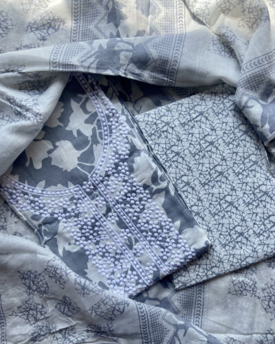 Grey Floral Print Cotton Suit Set With Printed Cotton Dupatta