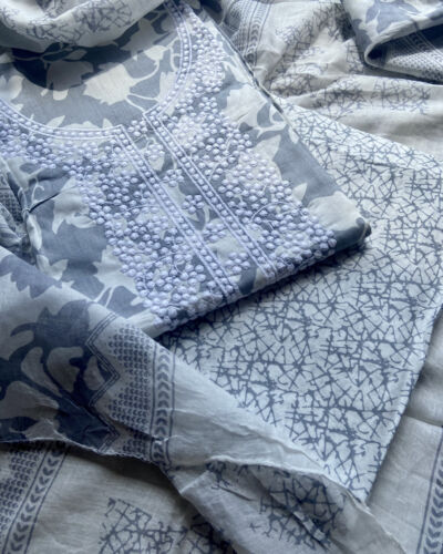 Grey Floral Print Cotton Suit Set With Printed Cotton Dupatta