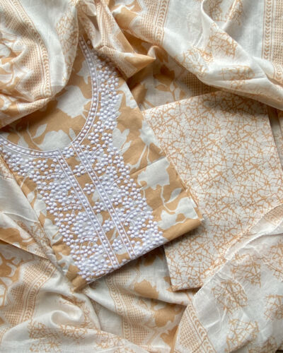 Yellow Floral Print Cotton Suit Set With Printed Cotton Dupatta