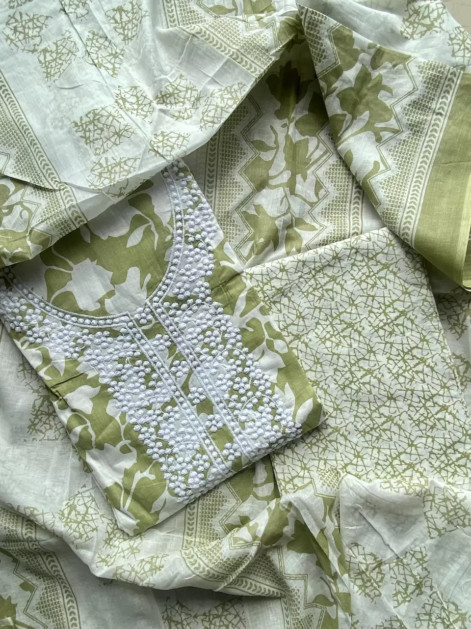 Parrot Green Floral Print Cotton Suit Set With Printed Cotton Dupatta