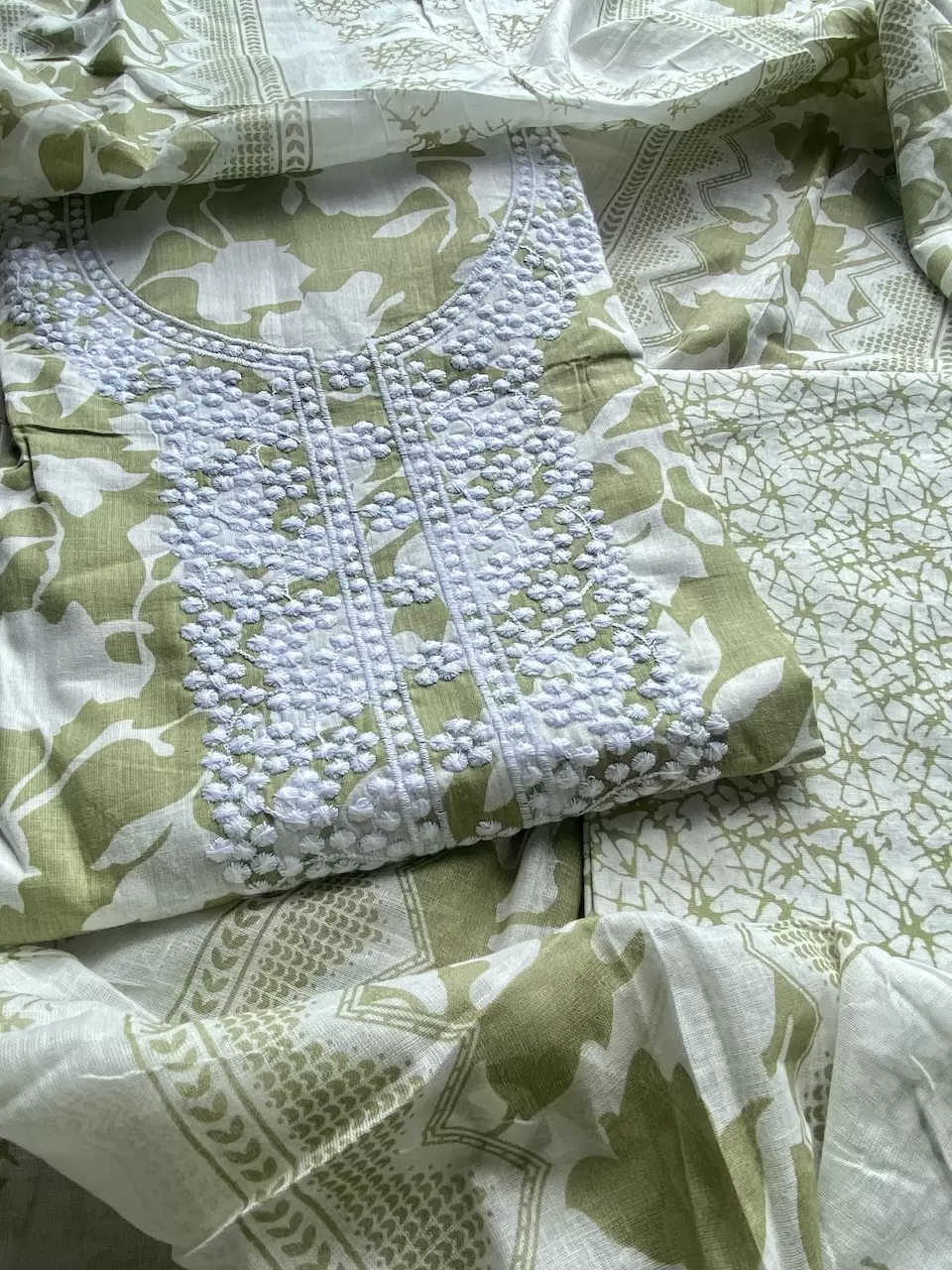 Parrot Green Floral Print Cotton Suit Set With Printed Cotton Dupatta