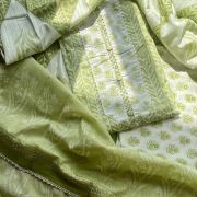 Parrot Green Block Print Cotton Suit Set With Printed Cotton Dupatta