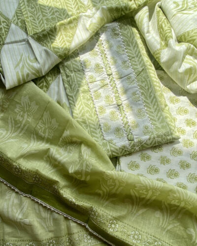 Parrot Green Block Print Cotton Suit Set With Printed Cotton Dupatta