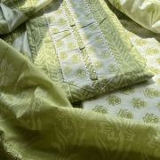 Parrot Green Block Print Cotton Suit Set With Printed Cotton Dupatta