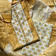 Yellow Block Print Cotton Suit Set With Printed Cotton Dupatta