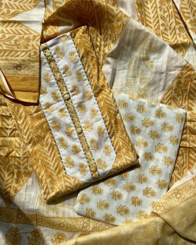 Yellow Block Print Cotton Suit Set With Printed Cotton Dupatta