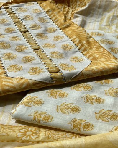 Yellow Block Print Cotton Suit Set With Printed Cotton Dupatta