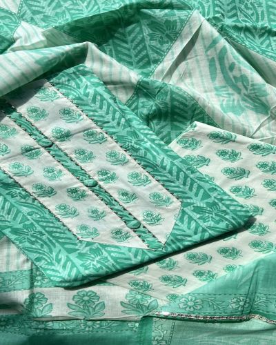 Rama Green Block Print Cotton Suit Set With Printed Cotton Dupatta