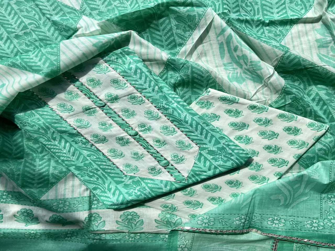 Rama Green Block Print Cotton Suit Set With Printed Cotton Dupatta