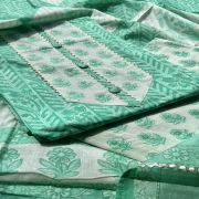 Rama Green Block Print Cotton Suit Set With Printed Cotton Dupatta