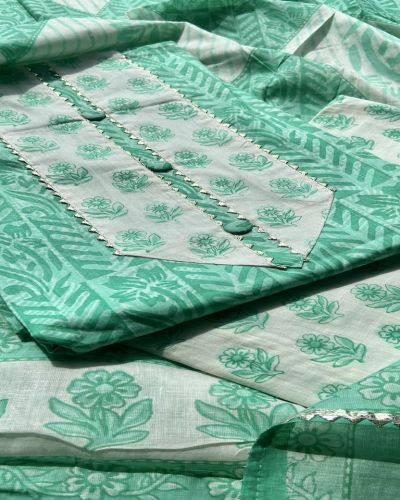 Rama Green Block Print Cotton Suit Set With Printed Cotton Dupatta