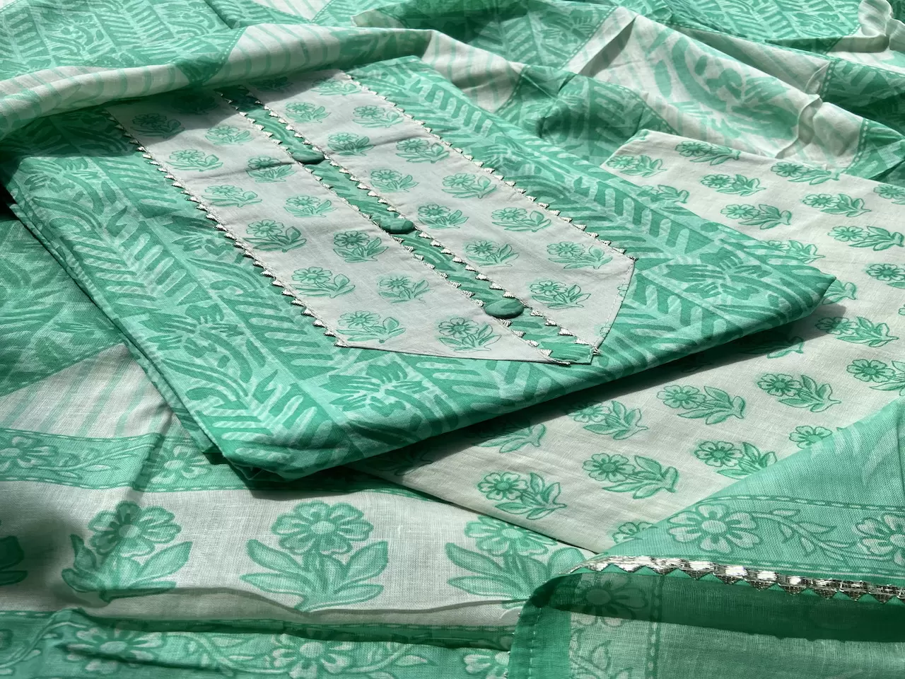Rama Green Block Print Cotton Suit Set With Printed Cotton Dupatta