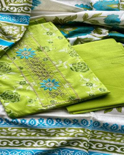 Parrot Green Rose Print Cotton Suit Set With Printed Cotton Dupatta