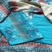 Sky Blue Rose Print Cotton Suit Set With Printed Cotton Dupatta