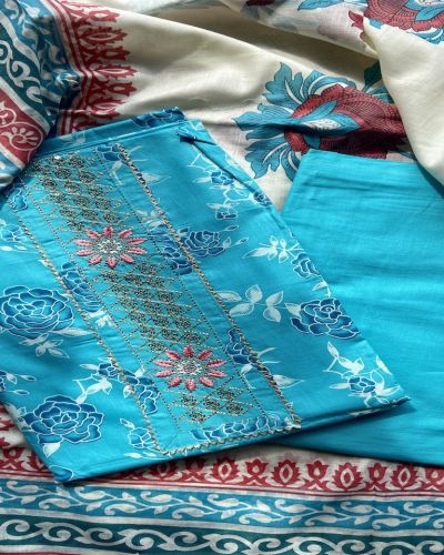 Sky Blue Rose Print Cotton Suit Set With Printed Cotton Dupatta