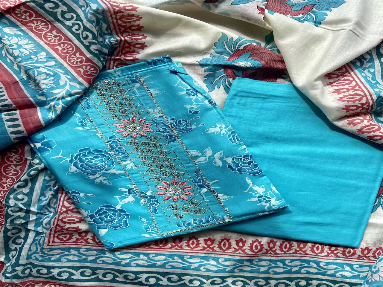 Sky Blue Rose Print Cotton Suit Set With Printed Cotton Dupatta